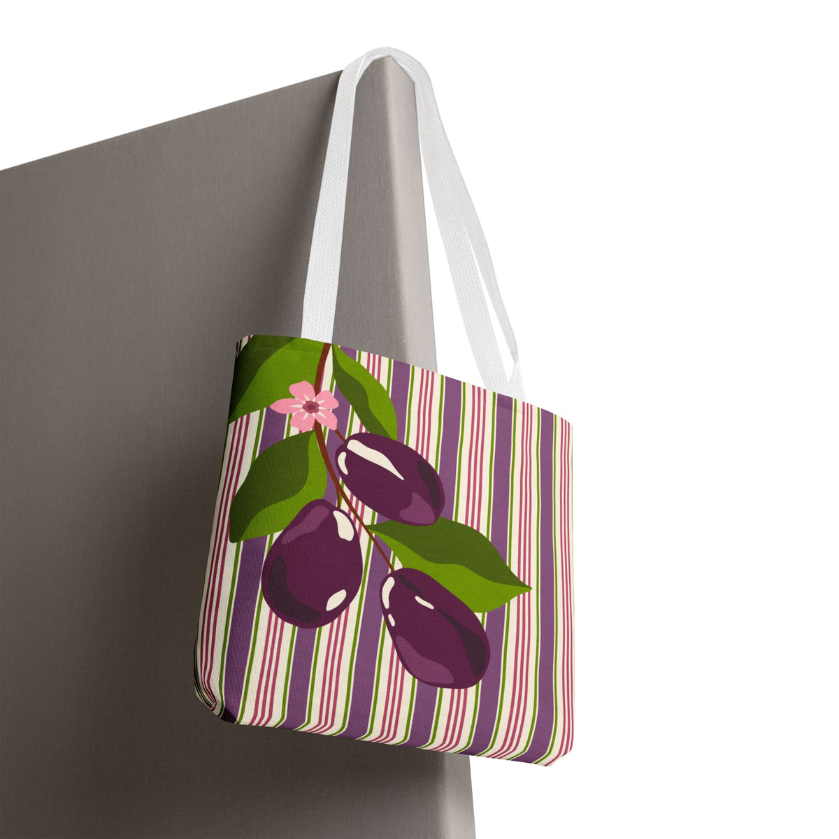 Plum Orchard Striped Tote Bag - Floral Plum Bouquet All-Over Print Tote