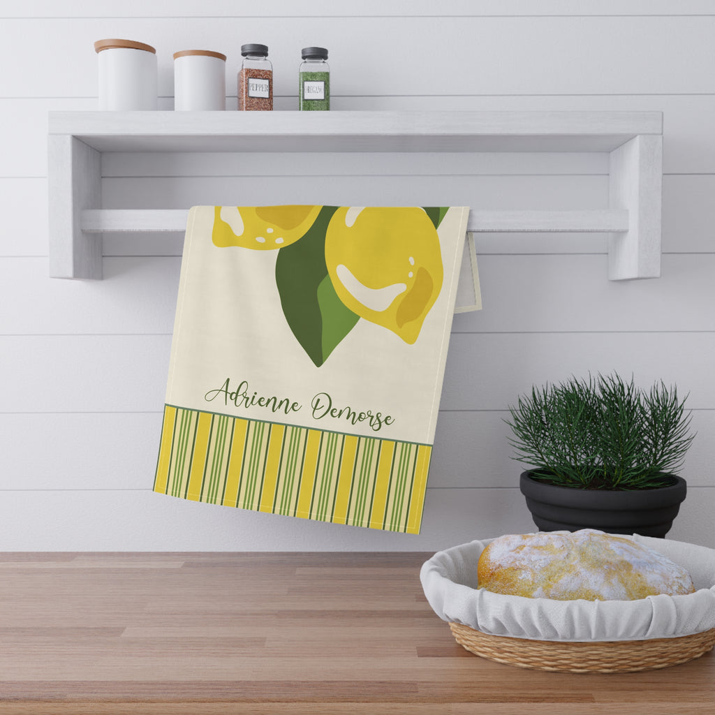 Personalized Fruit Tea Towel — Custom Name Lemon Striped Border Kitchen Towel