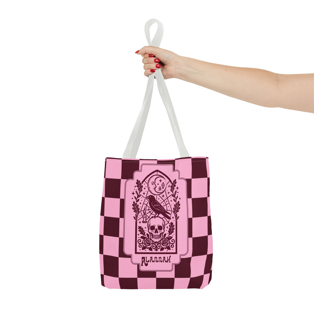 Gothic Raven and Skull Checkerboard Tote Bag - Personalizable Pink Retro Goth Carryall