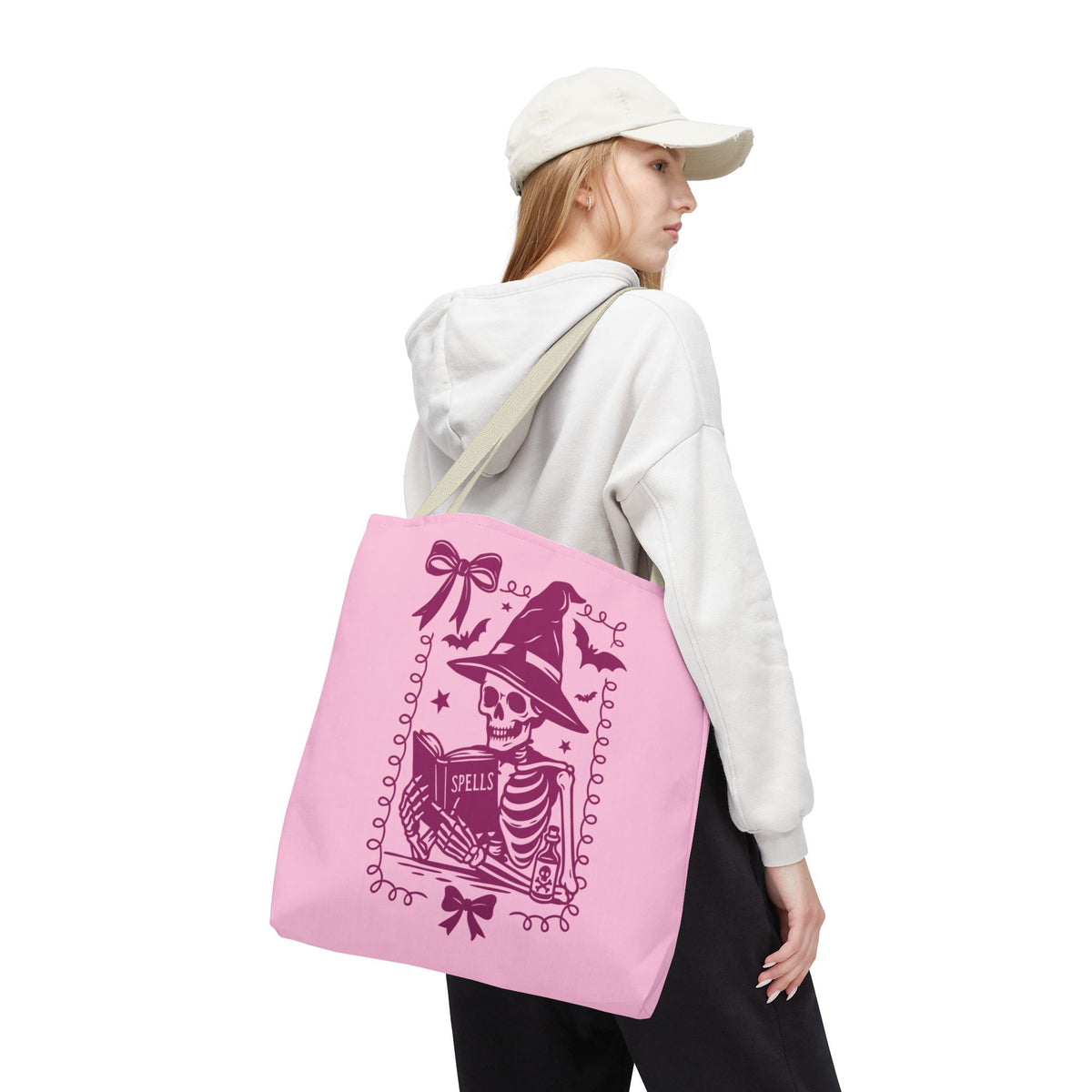 Pink Reading Witch Skeleton Tote Bag — Cute Coquette Frame Halloween Tote