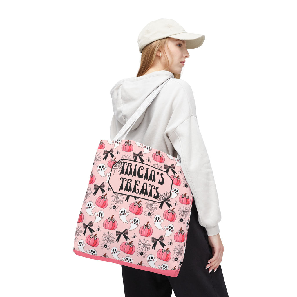 Pink Pumpkin Halloween Tote Bag - Cute Ghosts and Bows Personalizable Trick or Treat Bag