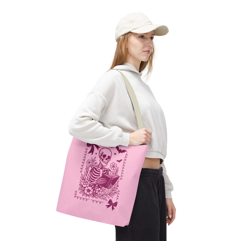 Floral Pink Reading Skeleton Tote Bag  - Cute Gothic Booklover Tote