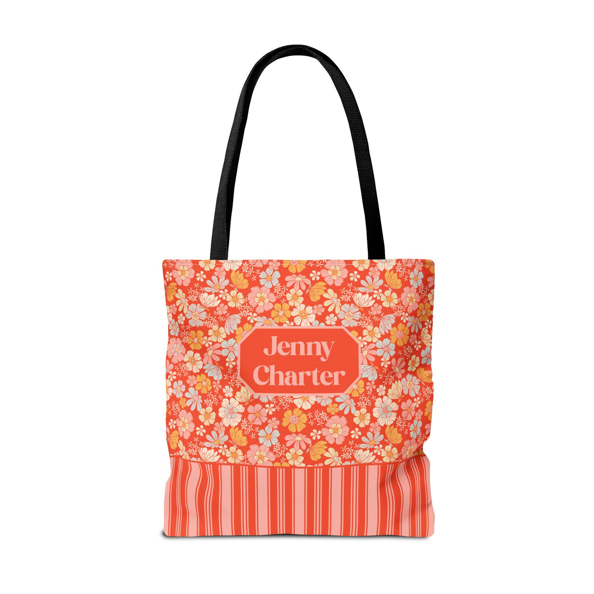 Personalizable Floral Striped Tote Bag - Orange Retro Blossom Tote
