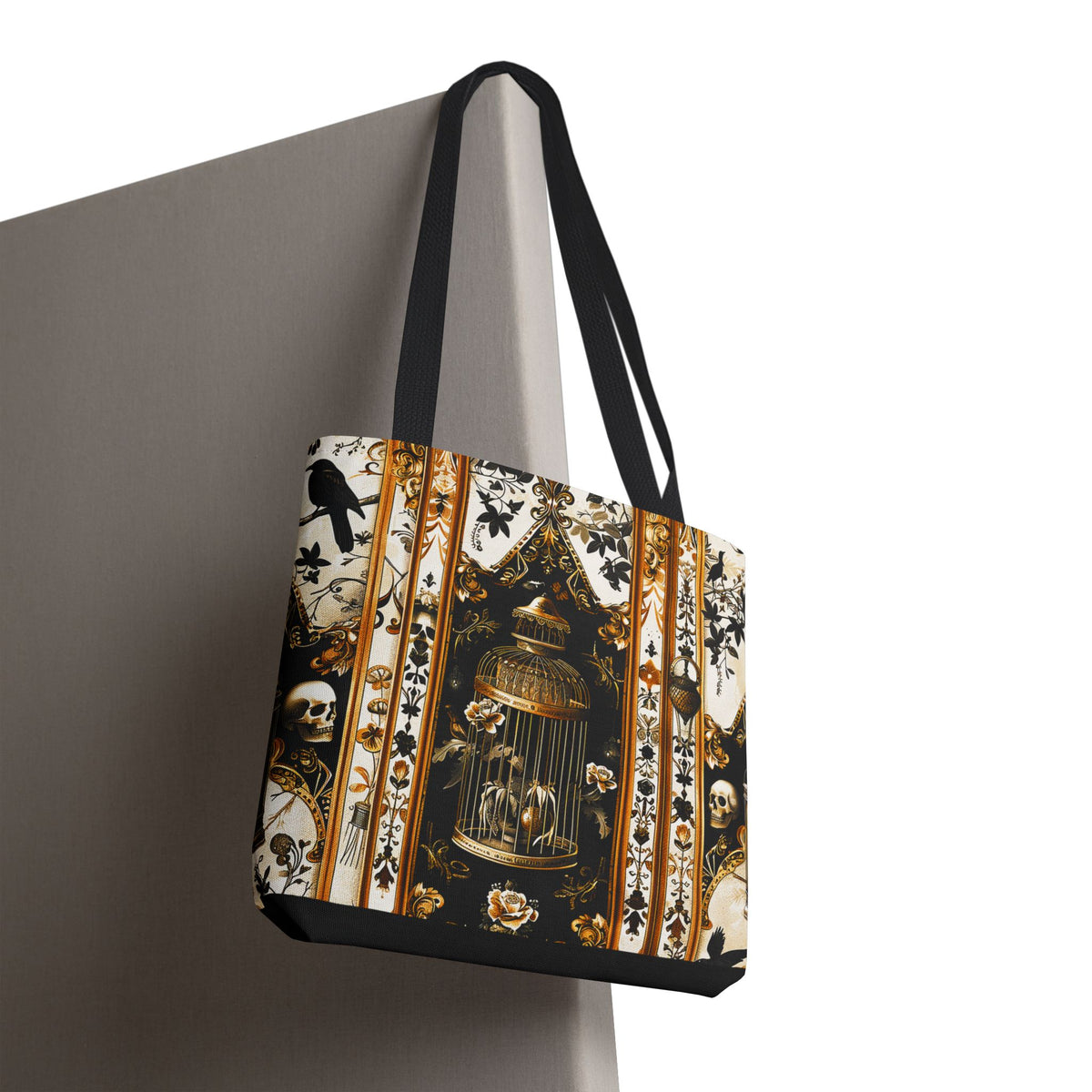 Vintage Gothic Birdcage Tote Bag - Victorian Skull and Floral Pattern Carryall