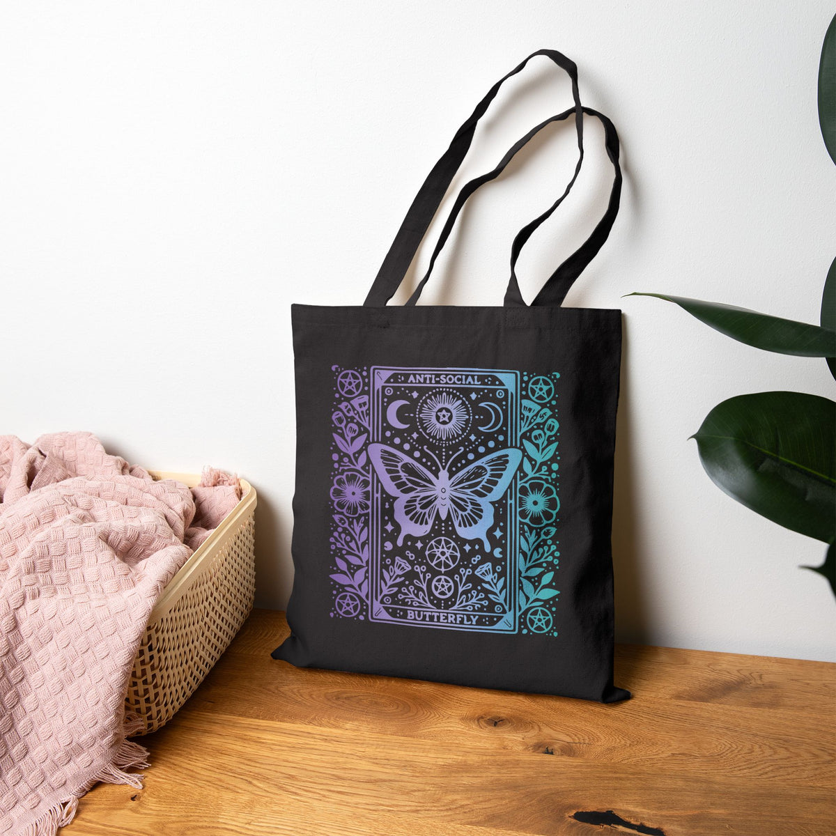 Anti-Social Butterfly Tarot Canvas Tote - Purple and Blue Gradient Boho Mystic Market Bag