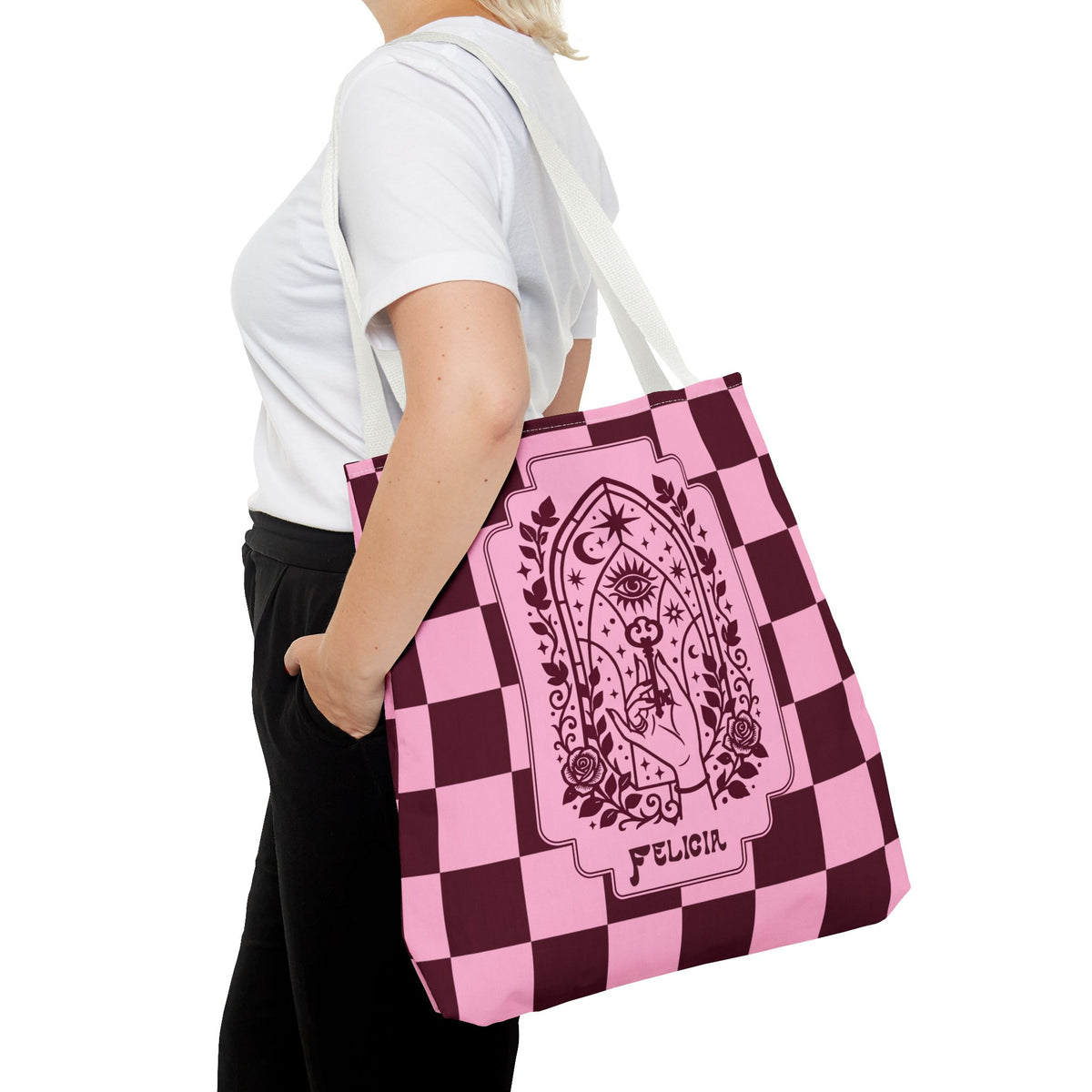 Personalizable Mystic Hand with Key Checkerboard Tote Bag – Pink and Burgundy Retro Goth Carryall