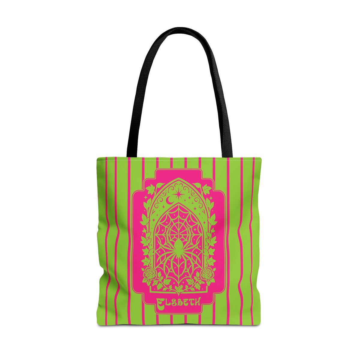 Personalized Green and Pink Retro Goth Tote with Mystic Spider Stained Glass Design