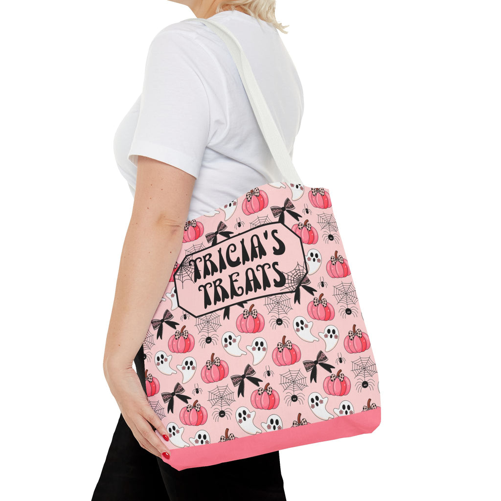 Pink Pumpkin Halloween Tote Bag - Cute Ghosts and Bows Personalizable Trick or Treat Bag