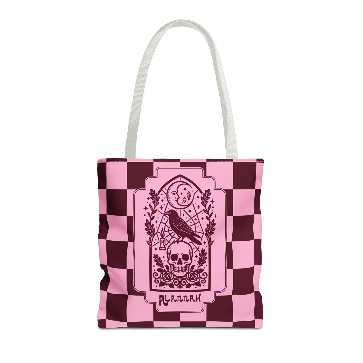 Gothic Raven and Skull Checkerboard Tote Bag - Personalizable Pink Retro Goth Carryall