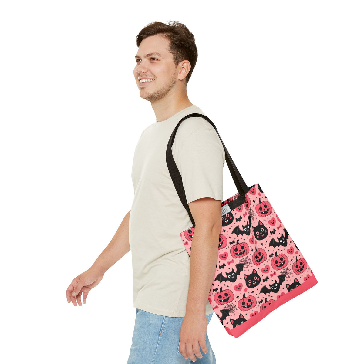 Cute Halloween Trick or Treat Tote Bag  - Pink Pumpkins, Black Cats and Bats Candy Carryall