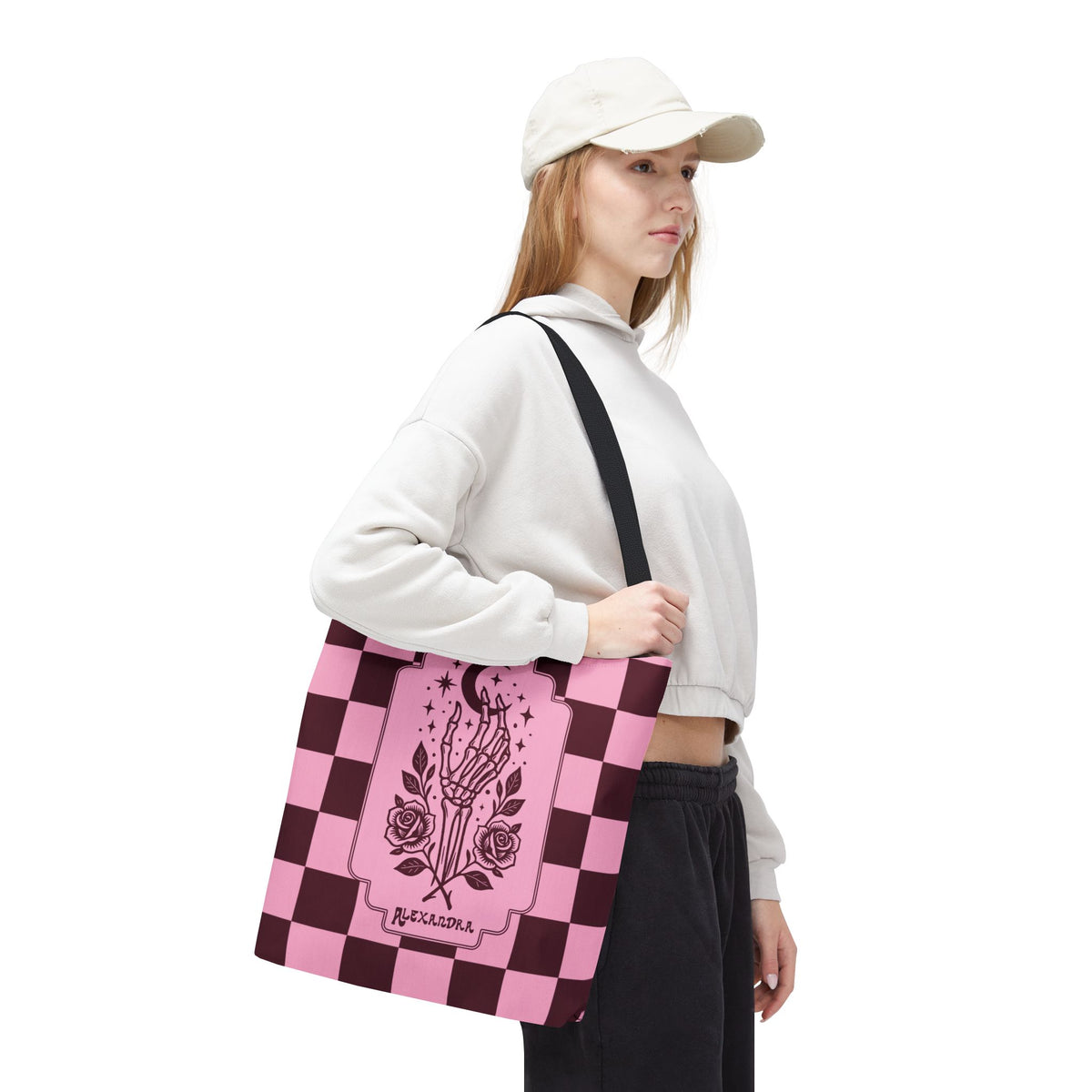 Personalizable Pink Checker Skeletal Hand Tote Bag — Gothic Moon and Roses Carryall