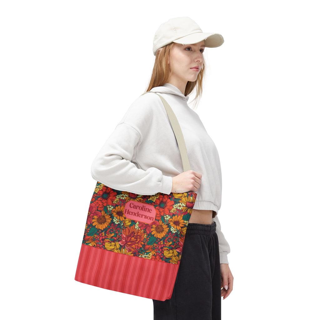 Personalizable Floral Tote - Floral Striped Harvest Tote Bag