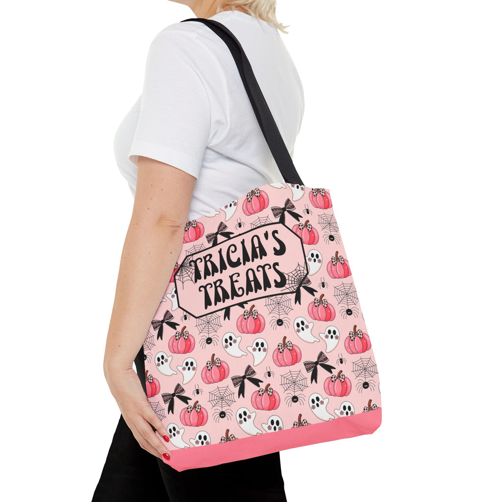 Pink Pumpkin Halloween Tote Bag - Cute Ghosts and Bows Personalizable Trick or Treat Bag