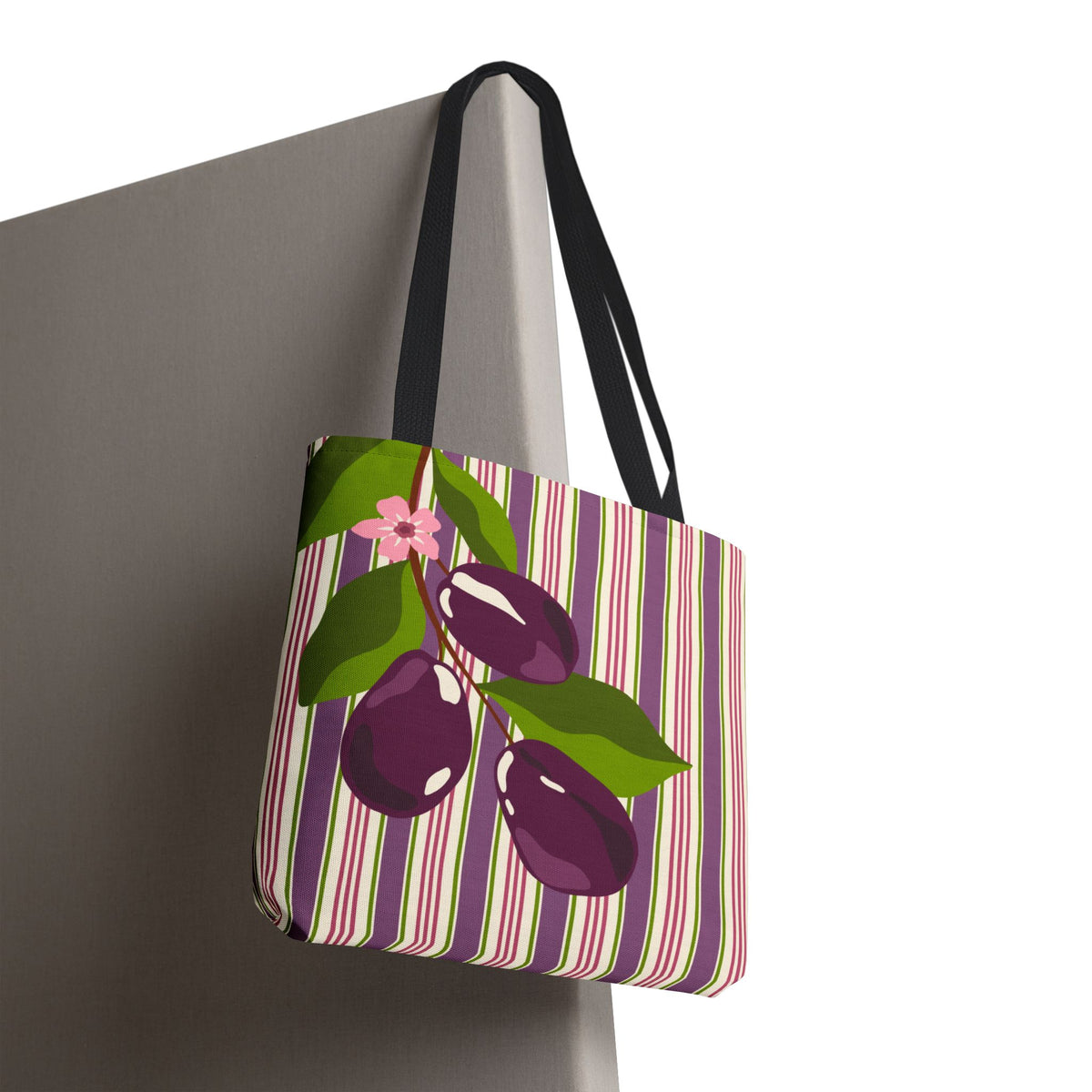 Plum Orchard Striped Tote Bag - Floral Plum Bouquet All-Over Print Tote