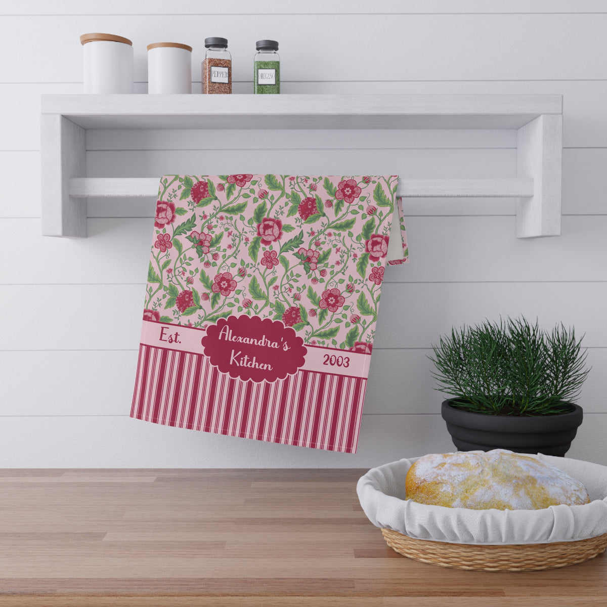 Personalizable Name and Date Tea Towel - Pink Jacobean Floral Striped Kitchen Towel