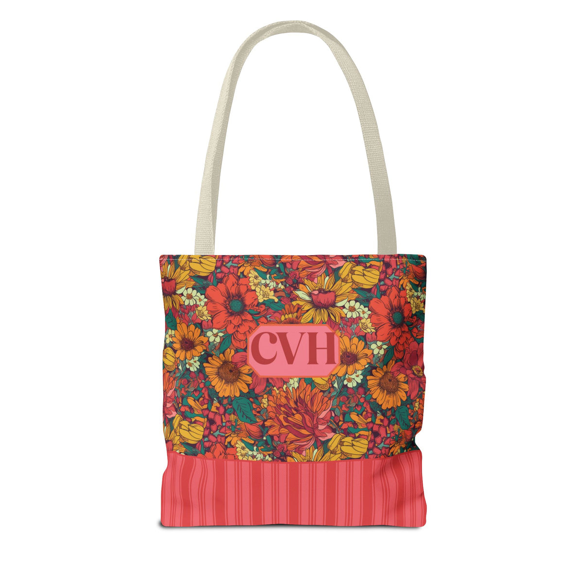 Personalizable Floral Tote - Floral Striped Harvest Tote Bag