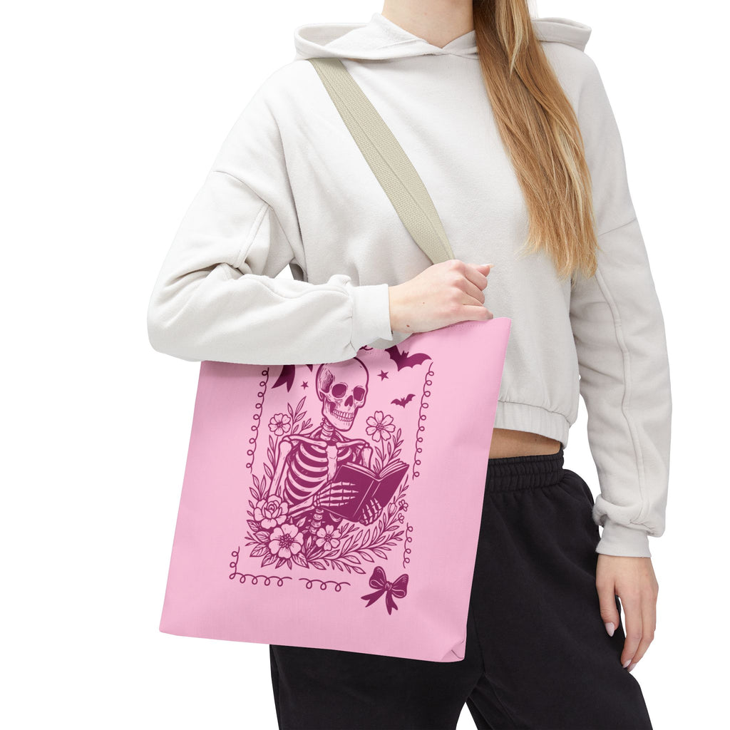Floral Pink Reading Skeleton Tote Bag  - Cute Gothic Booklover Tote