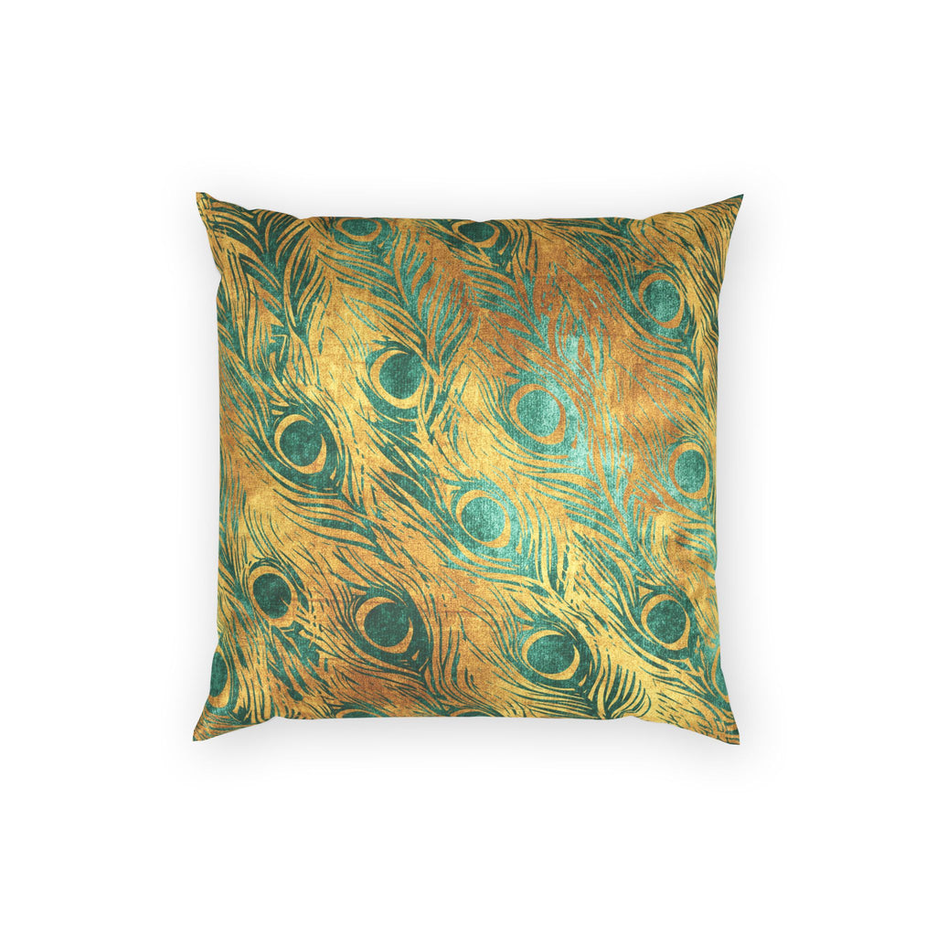 Peacock Feather Throw Pillow- Luxe Velvet Gold and Green Decorative Pillow