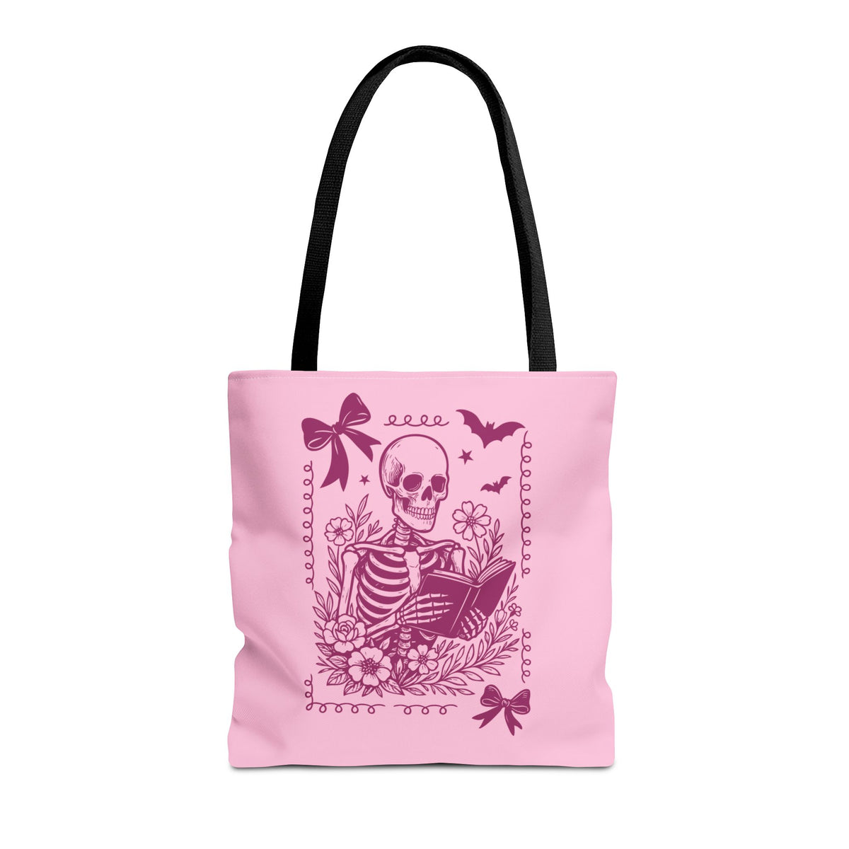 Floral Pink Reading Skeleton Tote Bag  - Cute Gothic Booklover Tote