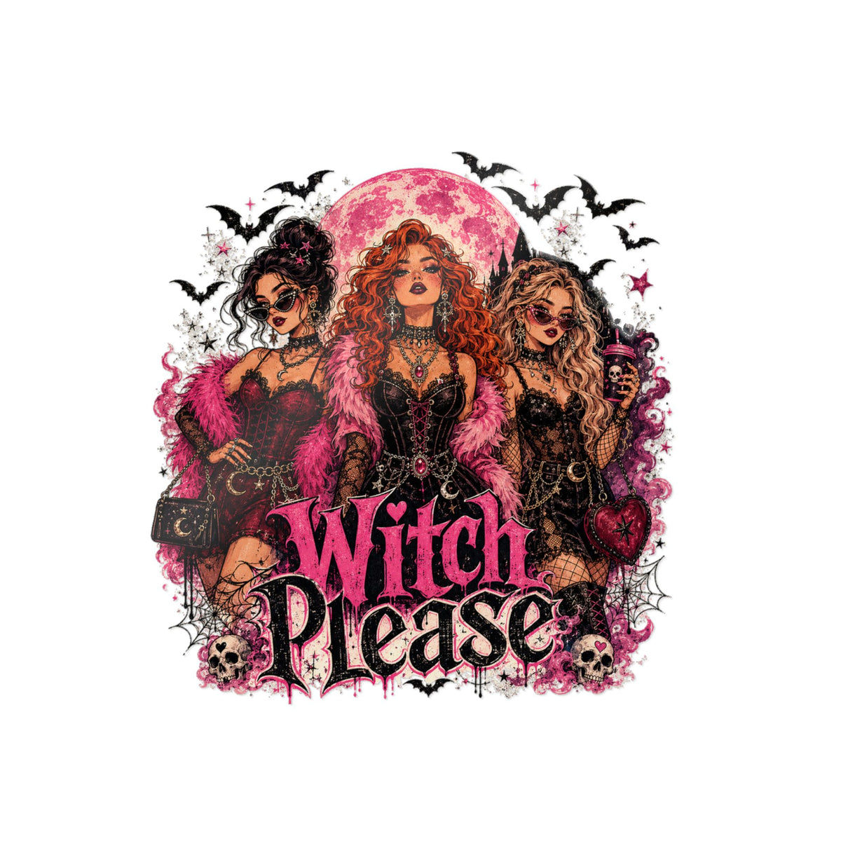 Witch Please Die-Cut Sticker - Pink Gothic Glam Witch Trio Sticker