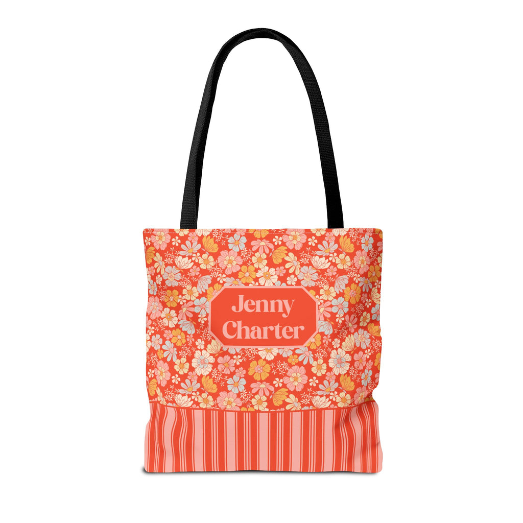 Personalizable Floral Striped Tote Bag - Orange Retro Blossom Tote