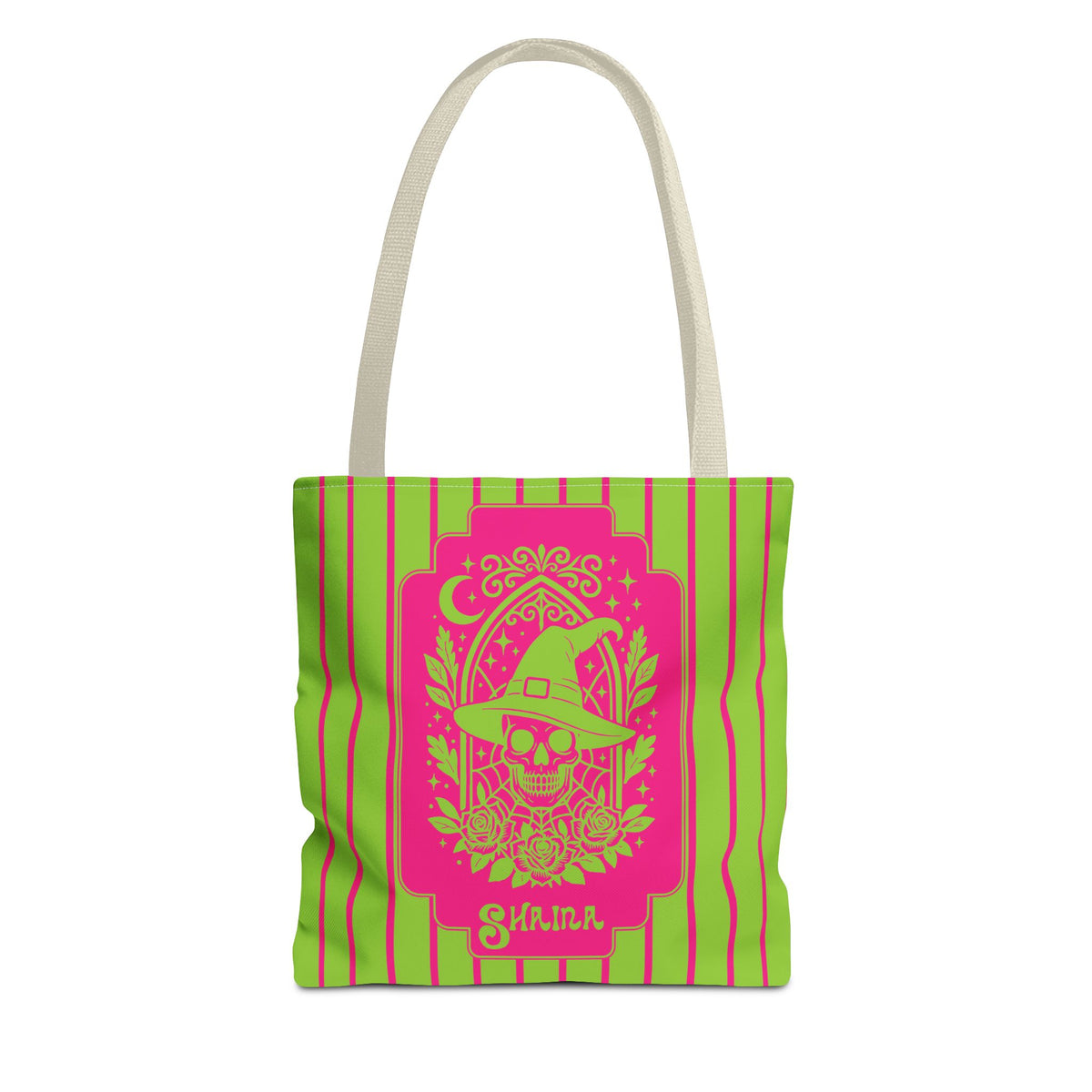 Retro Goth Skull Witch Tote Bag — Neon Pink and Lime Striped Tote