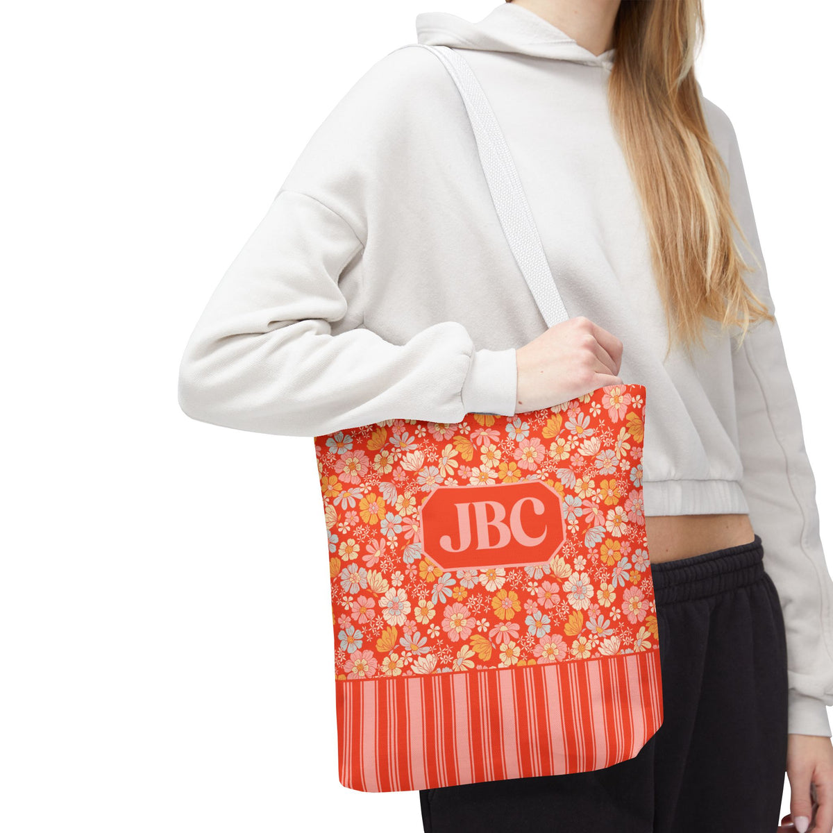 Personalizable Floral Striped Tote Bag - Orange Retro Blossom Tote