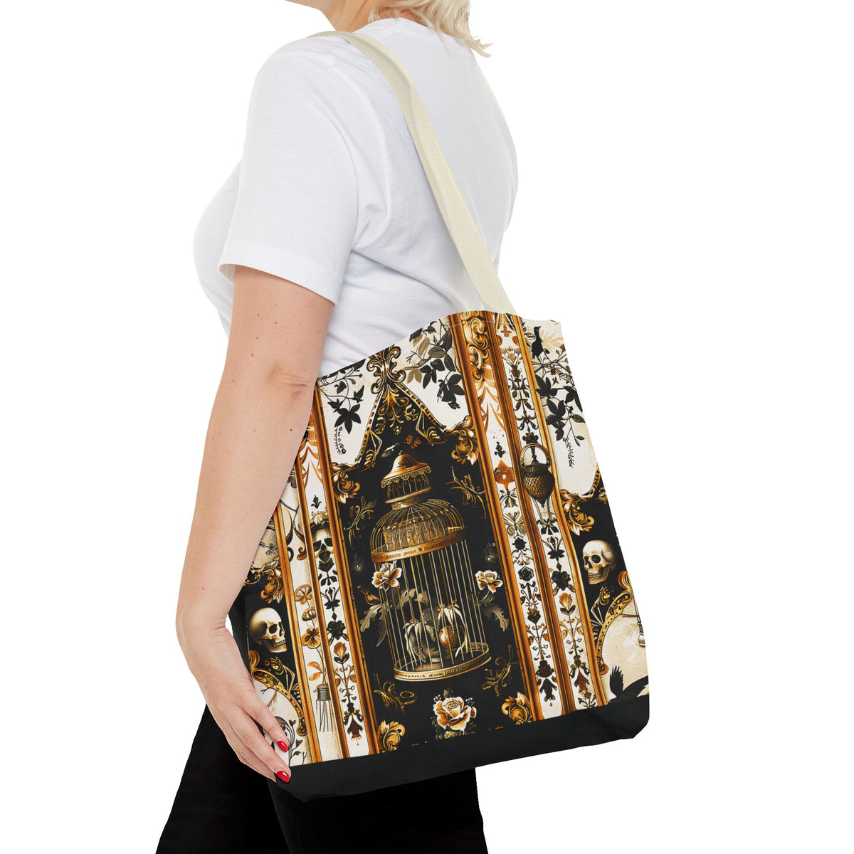Vintage Gothic Birdcage Tote Bag - Victorian Skull and Floral Pattern Carryall