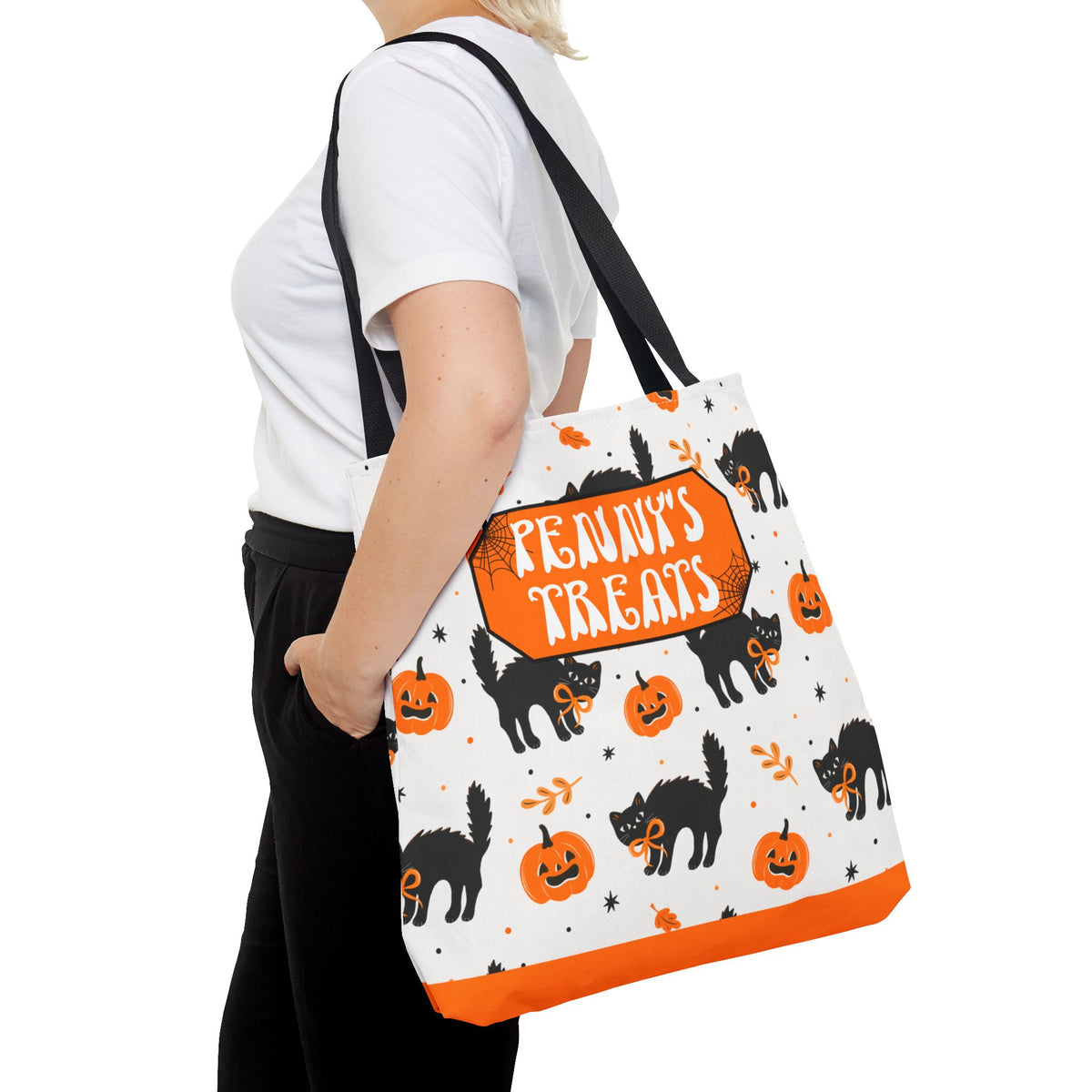 Cute Black Cats and Pumpkins Carryall -Personalized Halloween Trick or Treat Tote Bag