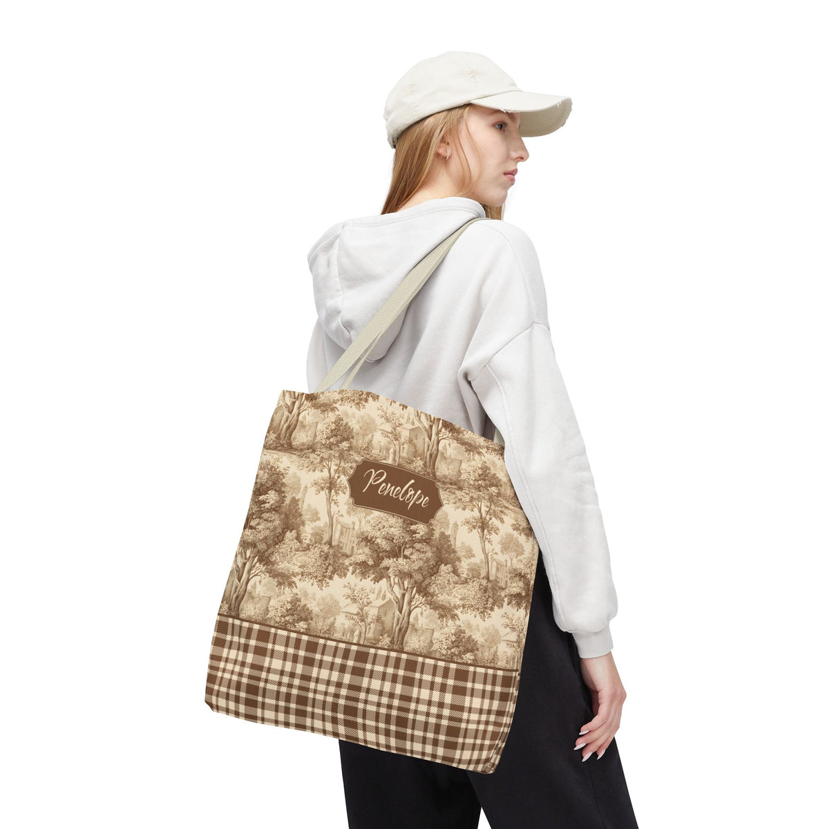 Personalized Market Tote -  Vintage Sepia Toile and Plaid Rustic Country Carryall