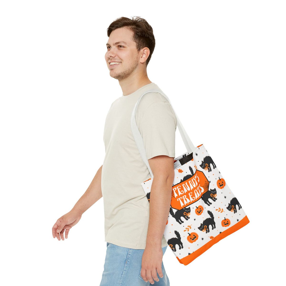 Cute Black Cats and Pumpkins Carryall -Personalized Halloween Trick or Treat Tote Bag