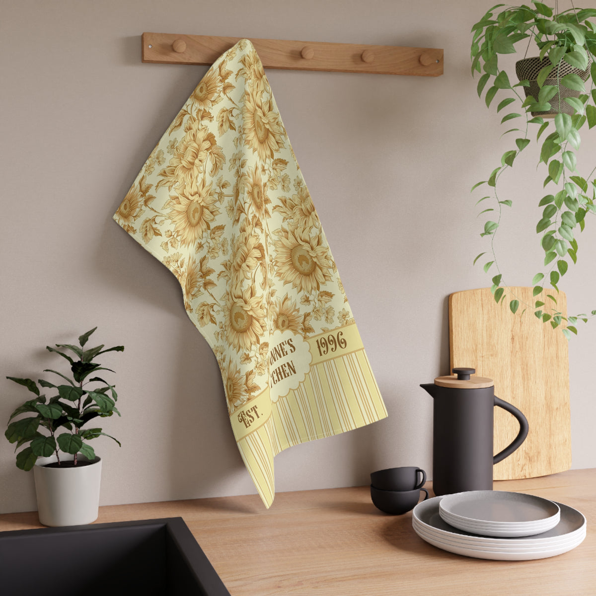 Personalized Sunflower Tea Towel - Striped Vintage Floral Name and Date Kitchen Towel