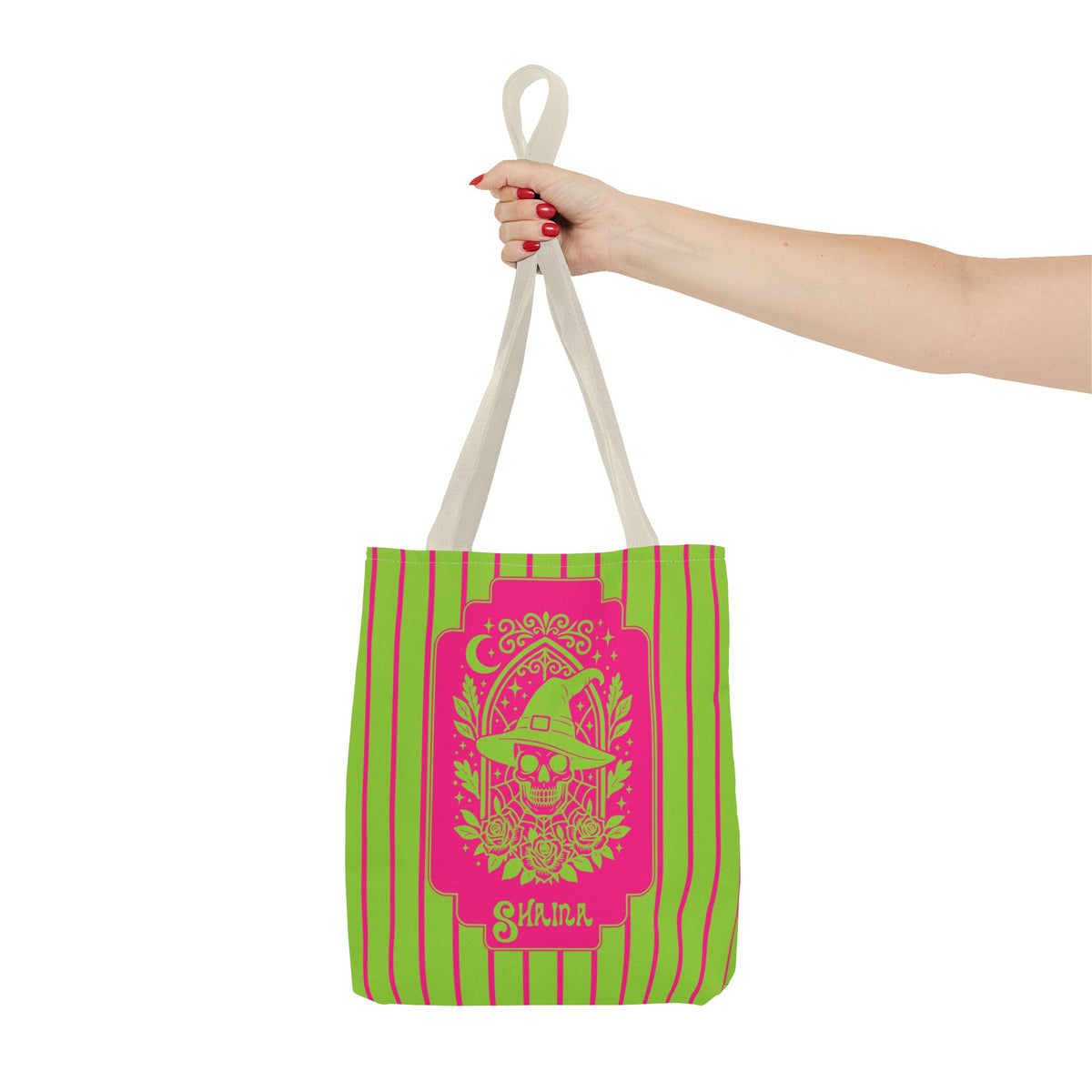 Retro Goth Skull Witch Tote Bag — Neon Pink and Lime Striped Tote