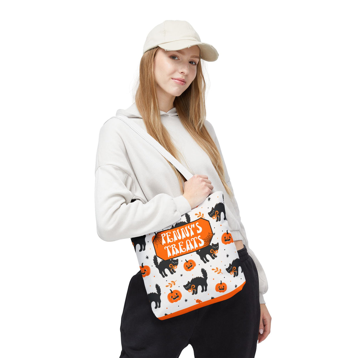 Cute Black Cats and Pumpkins Carryall -Personalized Halloween Trick or Treat Tote Bag