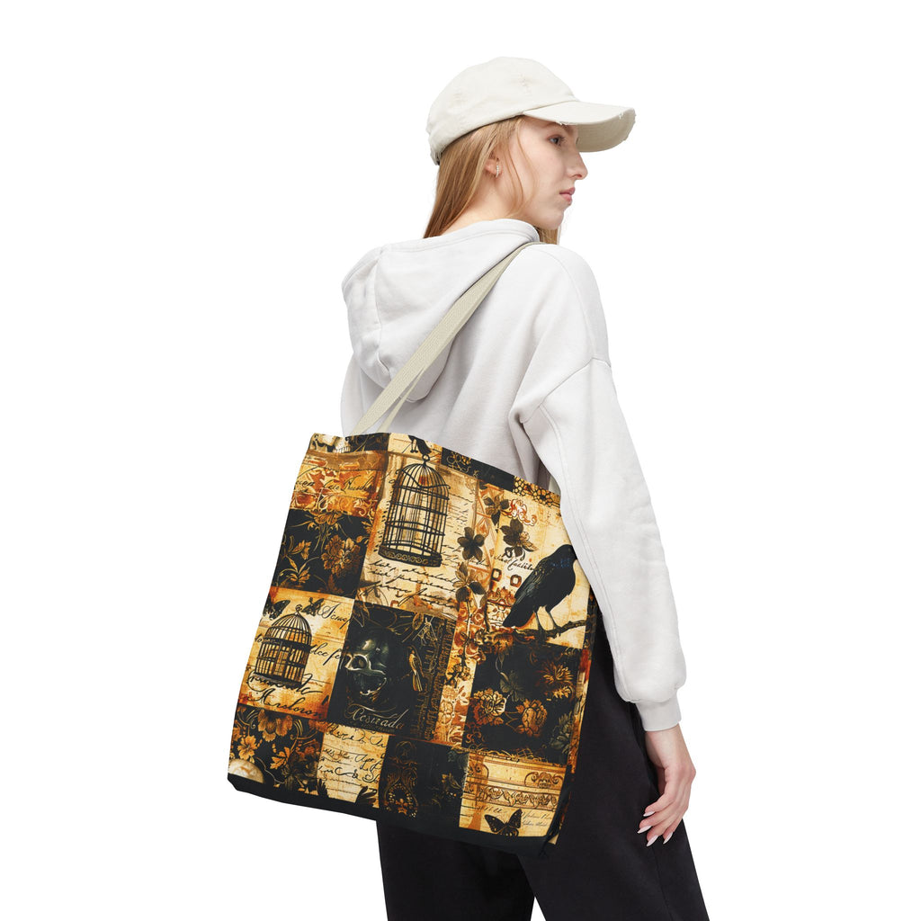 Gothic Raven Patchwork Tote Bag – Vintage Sepia and Black Collage Print