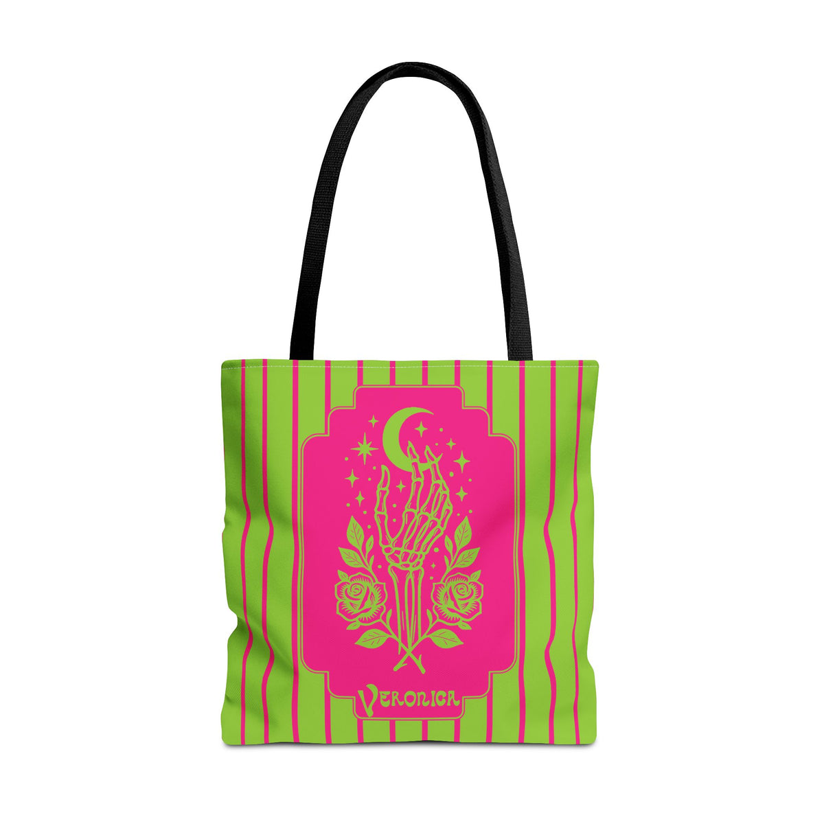 Mystic Skeletal Hand Tote Bag -Personalizable Retro Gothic Neon Moon and Roses Carryall