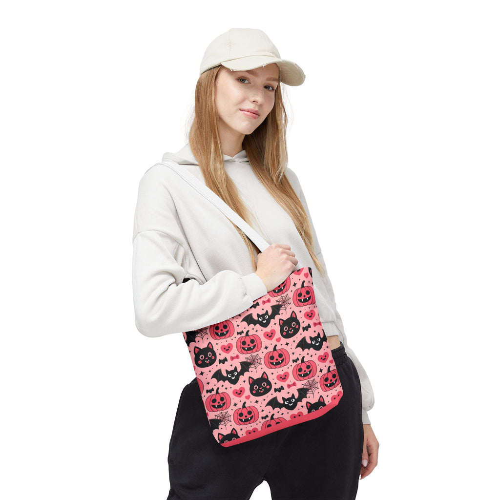 Cute Halloween Trick or Treat Tote Bag  - Pink Pumpkins, Black Cats and Bats Candy Carryall