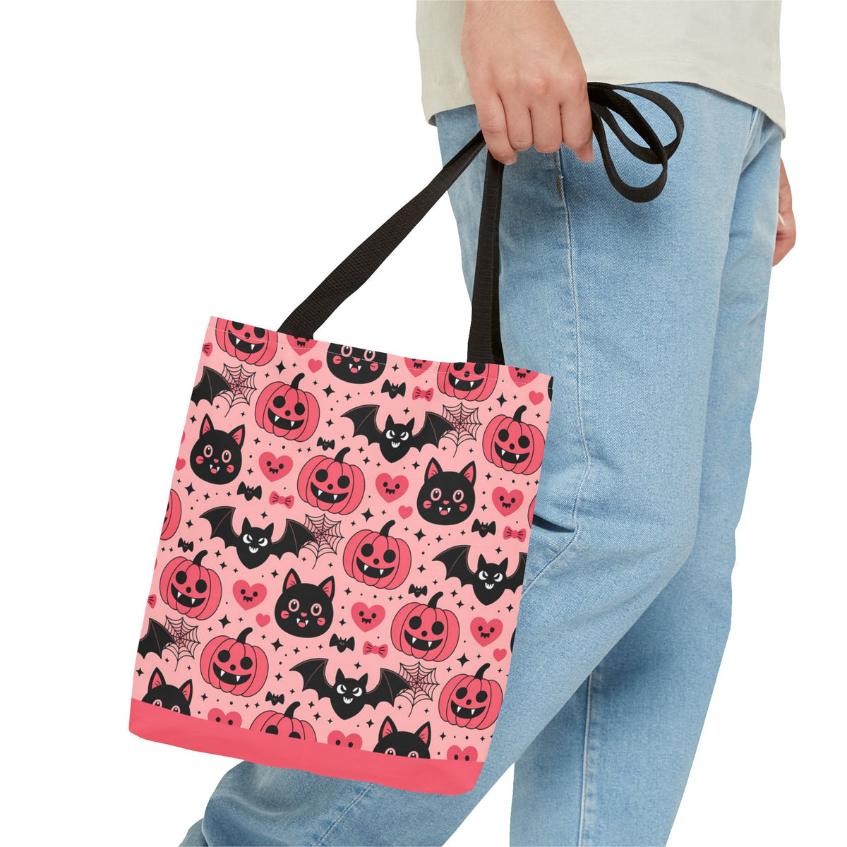 Cute Halloween Trick or Treat Tote Bag  - Pink Pumpkins, Black Cats and Bats Candy Carryall