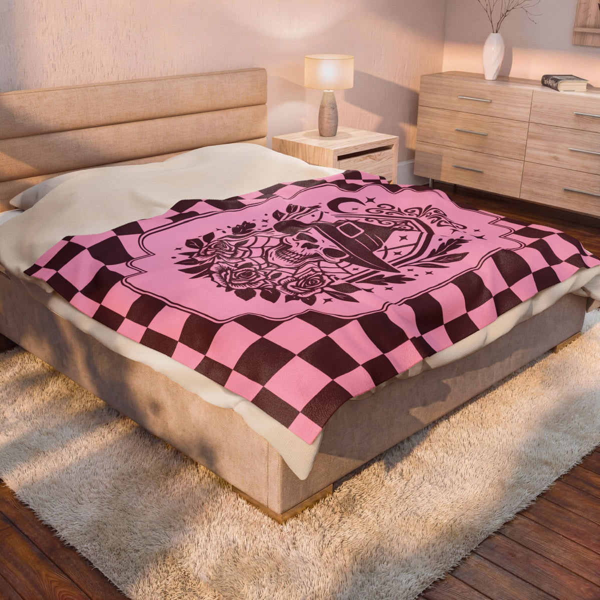 Retro Modern Gothic Skull Checkerboard  Velveteen Plush Blanket