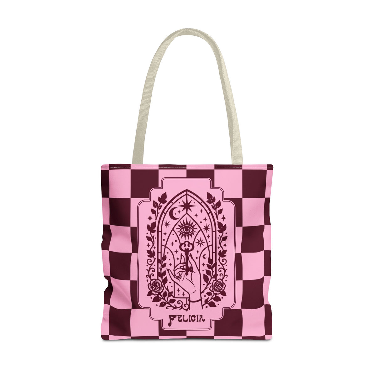 Personalizable Mystic Hand with Key Checkerboard Tote Bag – Pink and Burgundy Retro Goth Carryall