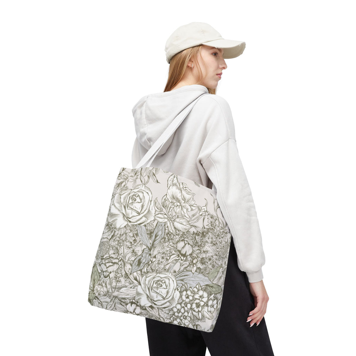 Rose Sketch Tote Bag — Grey Floral Carryall