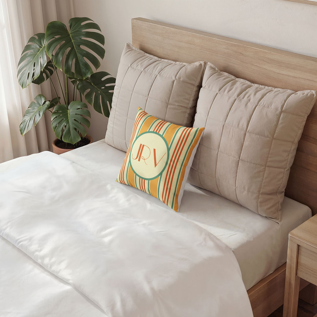 Monogram Velvet Pillow - Customizable Orange and Mint Ticking Stripe Throw Pillow