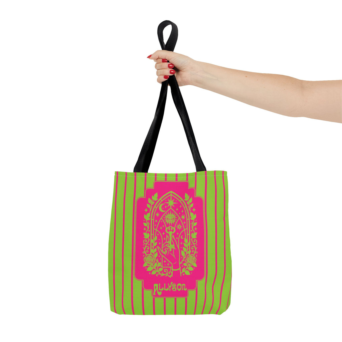 Personalizable Mystic Hand Neon Key Tote Bag -Retro Pink and Lime All-Over Print