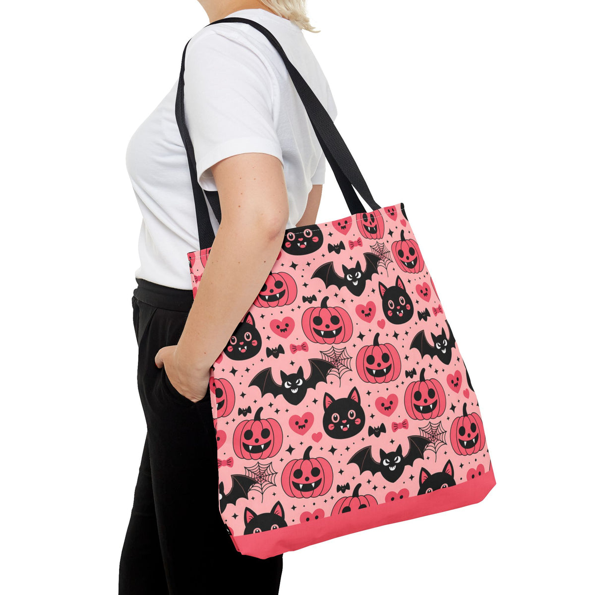 Cute Halloween Trick or Treat Tote Bag  - Pink Pumpkins, Black Cats and Bats Candy Carryall