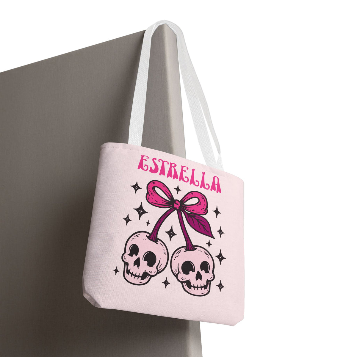 Personalized 'Creepy and Adorable' Pink Skull Cherries Tote Bag - Custom Trick-or-Treat Keepsake