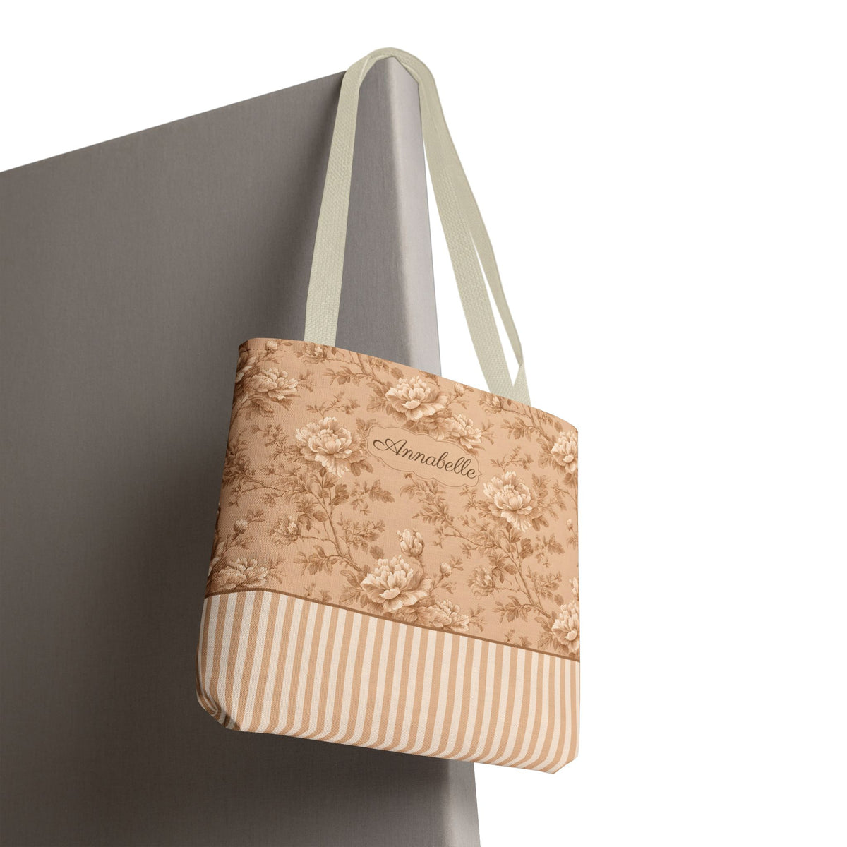 Personalizable Vintage Floral Tote - Sepia Toile Striped Bag