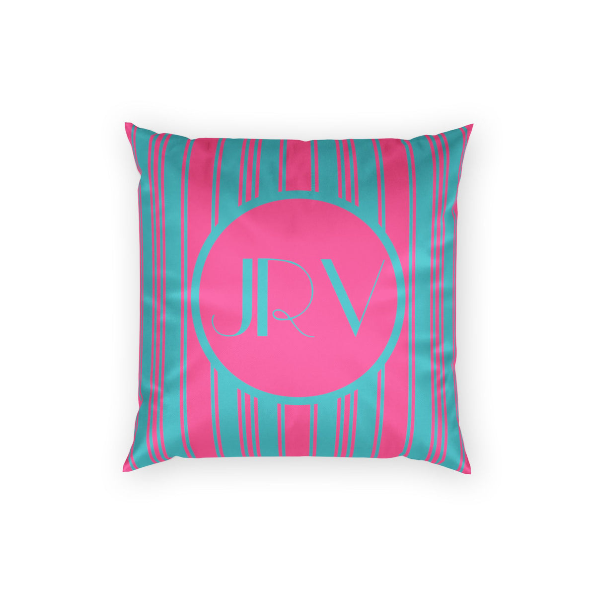 Monogram Velvet Throw Pillow - Bright Pink and Blue Ticking Stripe Decorative Pillow