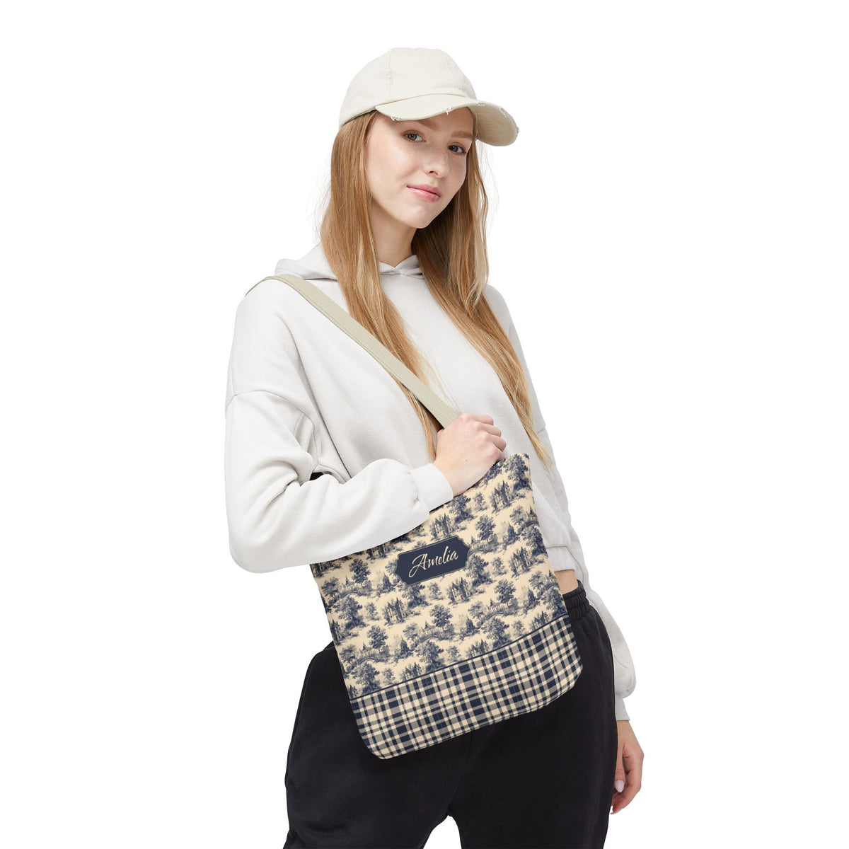 Personalizable Cottagecore Bag - Navy Toile and Plaid Tote