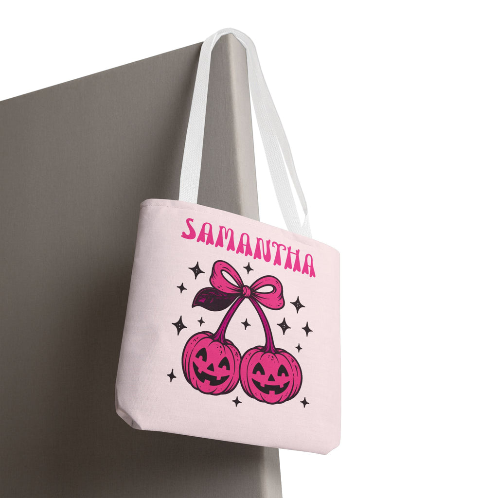 Personalized Halloween Tote - Pink Pumpkin Cherries "So Cute It's Spooky" Trick or Treat Bag