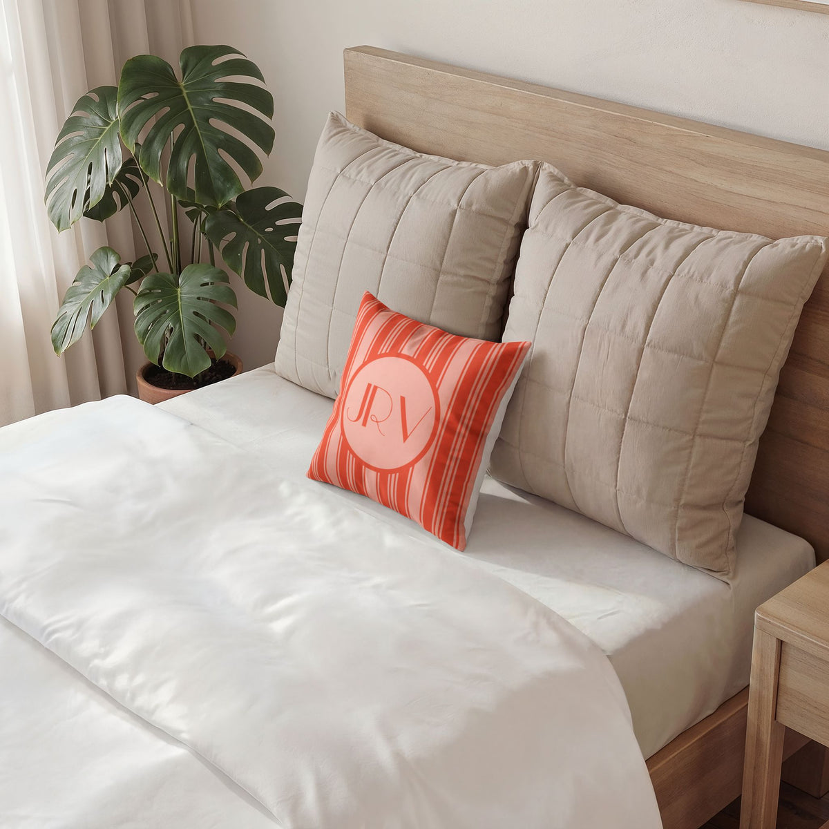 Retro Velvet Personalizable Pillow - Vermillion Orange Ticking Stripe Monogram Pillow